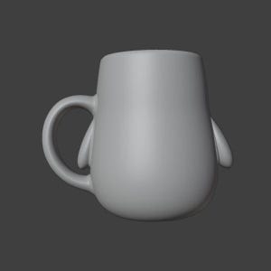 May include: A gray ceramic mug with a rounded body and a curved handle. The mug has two small, rounded protrusions on the sides, giving it a penguin-like appearance. The mug is set against a gray background.