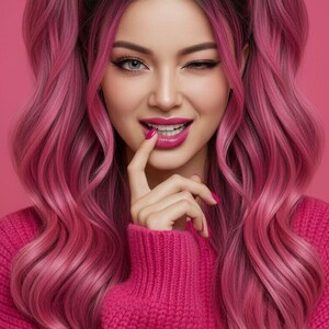 Puede incluir: Una mujer con cabello rosa peinado en coletas, adornada con horquillas plateadas. Lleva un suéter y lápiz labial rosa a juego, guiñando un ojo. El fondo es rosa liso.