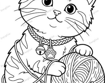 Dibujo para colorear de un gatito con lana: Líneas llamativas para niños (Descarga digital)