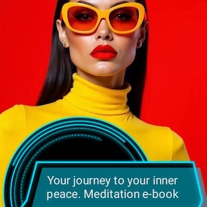 Puede incluir: Una persona con gafas de sol amarillas y un cuello alto amarillo sobre un fondo rojo. La imagen incluye un gráfico turquesa con el texto "Your journey to your inner peace. Meditation e-book."