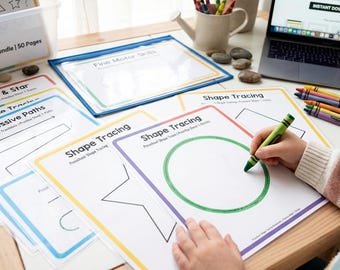 Fichas de trabajo para trazar formas para niños en edad preescolar / Paquete de actividades para desarrollar la motricidad fina (50 páginas)