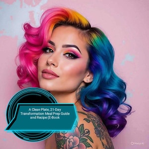 Könnte beinhalten: Eine Frau mit leuchtenden, regenbogenfarbenen Haaren und Make-up. Das Haar wechselt von Pink zu Gelb zu Grün zu Blau und Lila. Das Bild enthält den Text: "A Clean Plate, 21-Day Transformation Meal Prep Guide and Recipe (E-Book)".