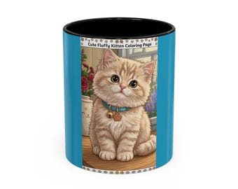 Taza con ilustración de gatito esponjoso / Taza de café decorativa