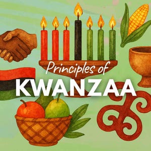 May include: Watercolor illustration featuring Kwanzaa symbols. Includes a Kinara with seven candles, a bowl of fruit, a corn cob, a unity cup, a handshake, a flag, and a decorative symbol. The text "Principles of Kwanzaa" and "KWANZAA" are also present.