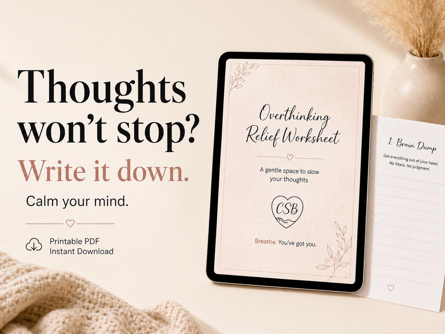 Overthinking Worksheet Printable – Stop Racing Thoughts, Anxiety Relief ...