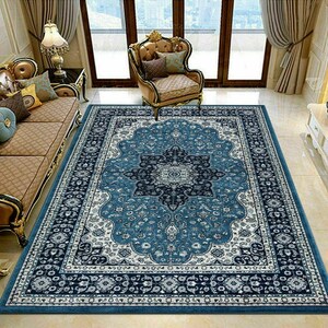 May include: A rectangular area rug with a central medallion design in shades of blue and white. The rug features an ornate border with floral and geometric patterns. The rug is placed on a tiled floor, and is surrounded by furniture.
