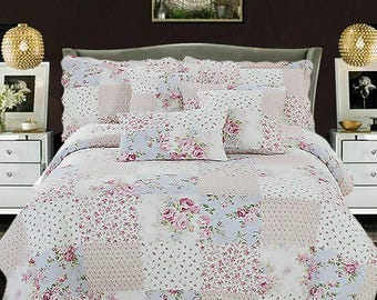 Vintage Floral Quilt Bed Cover – Single Bedding, Cross-Stitched pink floral pattern