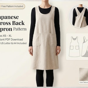 Cross-Back Apron Sewing Pattern | Front Pockets Japanese Pinafore for Artists & Kitchen XS-XL (PDF Download)