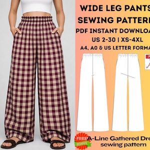 Puede incluir: Patrón de costura de pantalón de pierna ancha. El pantalón es de cuadros burdeos y beige. El patrón incluye tallas US 2-30 y XS-4XL. El texto de la imagen dice "PDF Instant Download" y "A4, A0 & US Letter Format."