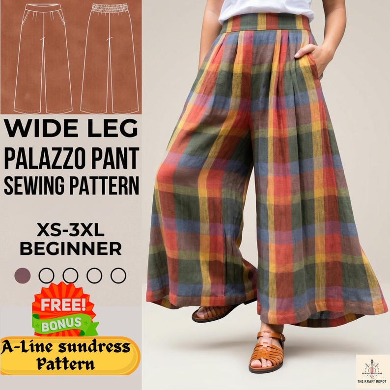 Wide Leg Palazzo Pants Sewing Pattern, Easy High Waisted Elastic & Pleated Trousers (PDF Download) image 9