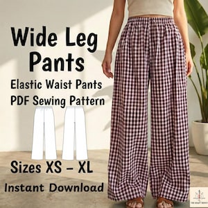 Puede incluir: Pantalones de pierna ancha con estampado de cuadros rosas y negros. Los pantalones tienen cintura elástica y se muestran en una persona. La imagen también incluye el texto "Wide Leg Pants", "Elastic Waist Pants", "PDF Sewing Pattern", "Sizes XS - XL" y "Instant Download".