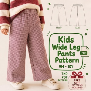 May include: A child wearing wide-leg pants with a red and white checkered pattern. The pants are paired with a striped sweater and white sneakers. The image includes a pattern for kids' wide-leg pants, sizes 9 months to 10 years.