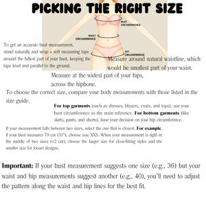 May include: Diagram illustrating how to measure bust, waist, and hip circumference for accurate sizing. Text explains how to measure and choose the correct size for tops and bottoms. Includes example of 31" bust measurement.