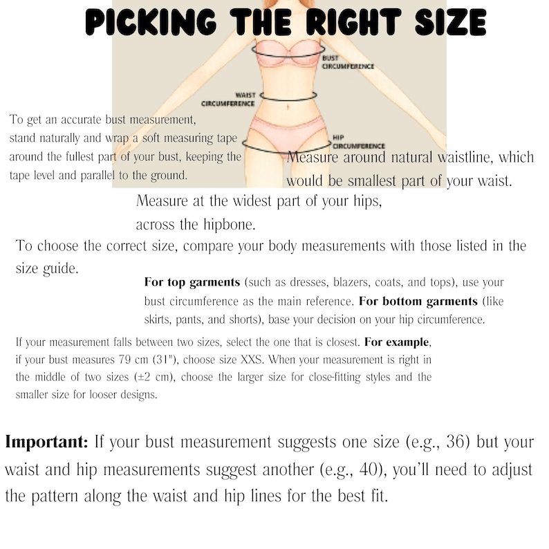May include: Diagram illustrating how to measure bust, waist, and hip circumference for accurate sizing. Text explains how to measure and choose the correct size for tops and bottoms. Includes example of 31" bust measurement.