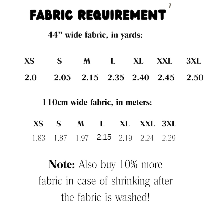 May include: A fabric requirement chart displaying yardage for 44-inch wide fabric and meterage for 110cm wide fabric across sizes XS to 3XL. The text includes a note advising to purchase 10% extra fabric to account for potential shrinkage after washing.