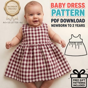Puede incluir: Un vestido sin mangas para bebé con un patrón de cuadros vichy en color rojo oscuro y blanco. La imagen incluye el texto: BABY DRESS PATTERN, PDF DOWNLOAD, NEWBORN TO 2 YEARS, BEGINNER FRIENDLY, A4, US LETTER, A0, y FREE GIFT PATTERNS INCLUDED.
