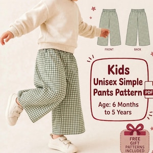 May include: A digital sewing pattern for kids' unisex pants featuring a green and white gingham check design. The image displays the pants on a child, along with front and back technical illustrations and the text Kids Unisex Simple Pants Pattern.
