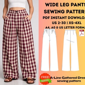 Pode incluir: Padrão de costura de calças de perna larga com um design xadrez bordô e creme. O padrão inclui tamanhos US 2-30 e XS-4XL, disponível como download instantâneo em PDF. A imagem também inclui um padrão de costura gratuito de vestido com franzido em A.