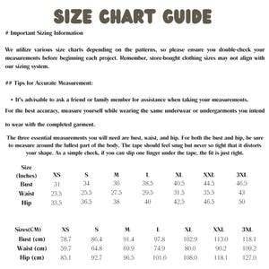 May include: A size chart guide with text in black font. The chart includes measurements in inches and centimeters for bust, waist, and hip, ranging from XS to 3XL. It provides tips for accurate measurements.