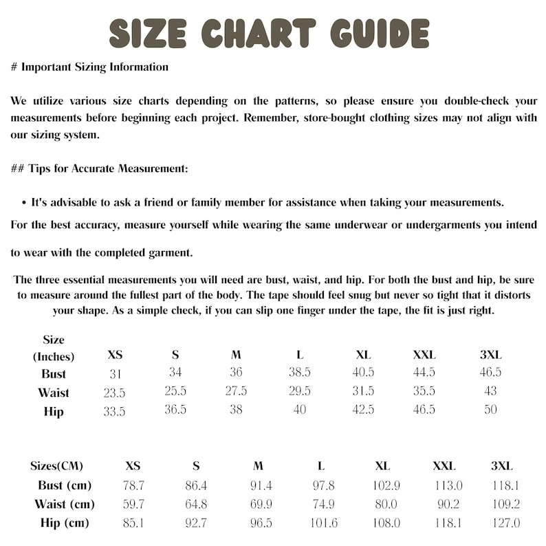 May include: A size chart guide with text in black font. The chart includes measurements in inches and centimeters for bust, waist, and hip, ranging from XS to 3XL. It provides tips for accurate measurements.