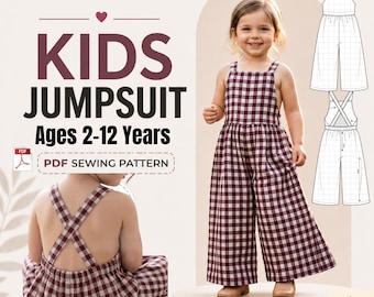 May include: A young girl in a burgundy and white checked jumpsuit. The image features the text "KIDS JUMPSUIT Ages 2-12 Years PDF SEWING PATTERN". The jumpsuit has wide legs and cross-back straps. A line drawing of the jumpsuit is also shown.