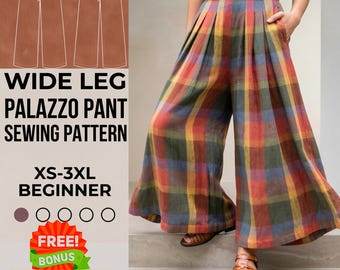 Wide Leg Palazzo Pants Sewing Pattern, Easy High Waisted Elastic & Pleated Trousers (PDF Download)