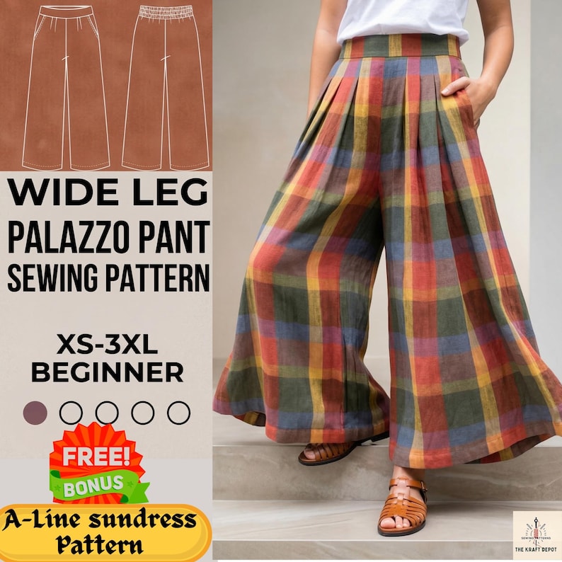 Wide Leg Palazzo Pants Sewing Pattern, Easy High Waisted Elastic & Pleated Trousers (PDF Download) image 1