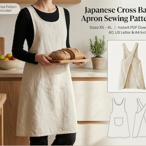 Patrón de costura de delantal japonés estilo pechera cruzada en PDF, tallas grandes XS-XL, descarga instantánea