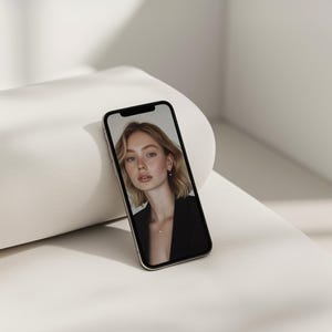 Può includere: Uno smartphone mostra un ritratto di una persona con capelli biondi, che indossa un blazer nero e una collana delicata. Il telefono è appoggiato su una superficie bianca e strutturata, con uno sfondo neutro.