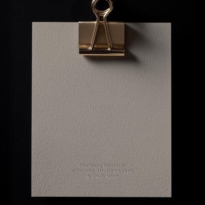 May include: A gold-colored binder clip holding a textured, light gray paper against a black background. The paper has the embossed text "PREMIUM MOCKUP WITH PSD SMART LAYERS by Studio Netter."