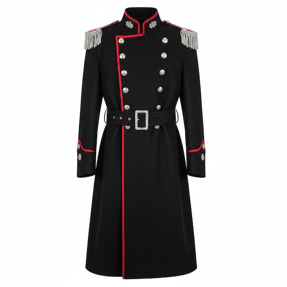 Men's Gothic Military Style Black Coat With Red Piping:double