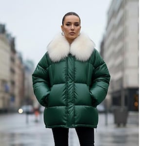 Può includere: Un piumino verde scuro con collo in pelliccia bianca. La giacca ha una finitura lucida e un design trapuntato. La modella indossa pantaloni neri. Lo sfondo è una via della città.