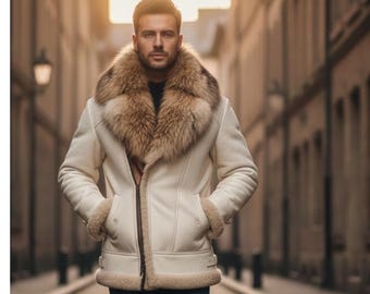 Casaco vintage de pele de carneiro branca com gola de pele de raposa: Jaqueta de couro rústica masculina | Roupa de inverno de luxo