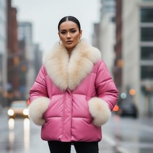 May include: A vibrant pink puffer jacket featuring a cream-coloured fur collar and cuffs. The jacket has a quilted design and a button closure. The background shows a city street with blurred buildings.