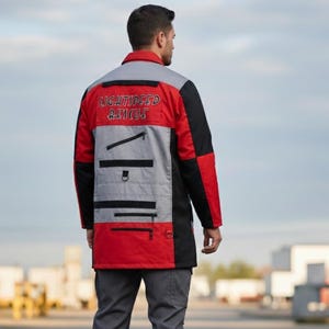 Może przedstawiać: Czerwona, szara i czarna kurtka robocza z napisem "LIGHTSPEED RESCUE" na plecach. Kurtka ma wiele kieszeni i szarą g&oacute;rną część. Osoba ma na sobie szare spodnie.