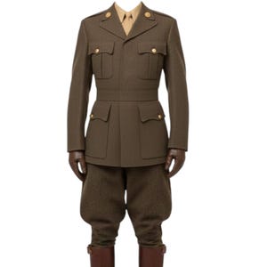 May include: A vintage olive drab military uniform, featuring a tailored jacket with gold buttons and pockets, paired with matching breeches and brown leather boots. The uniform includes a tan shirt and tie, and brown gloves.