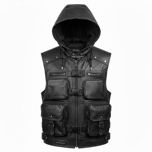May include: Black leather vest with a hood, multiple pockets, and buckle closures. The vest has a zip-up front and a drawstring hood. The design includes several square pockets with flap closures and additional zippered pockets.