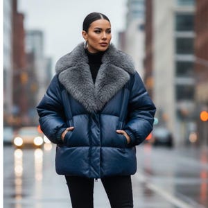 Puede incluir: Una chaqueta acolchada azul marino con cuello de piel gris. La chaqueta tiene un diseño acolchado y bolsillos. La persona lleva pantalones negros y un cuello alto negro. El fondo es una calle de la ciudad con luces borrosas.