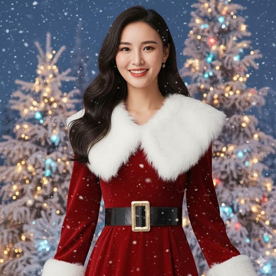 Velvet Mrs. Claus Christmas Dress Red Santa:Outfit with White Faux Fur Trim Elegant Holiday Costume for Women Festive Christmas Party Dress