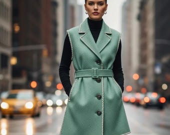 Luxury Mint Green Stand Collar Wool Waisted Vest with Buttons: Contrast Stitching Tailored Wool Coat | Elegant Winter Outerwear