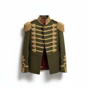 May include: An olive green military-style jacket with gold trim and epaulets. The jacket features gold buttons, decorative gold trim, and fringe on the shoulders. The interior lining is a deep red color. The jacket is displayed against a white background.