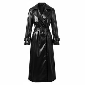 Puede incluir: Abrigo largo de cuero negro con cuello con solapas, cinturón en la cintura y mangas largas. El abrigo tiene un diseño cruzado y un acabado brillante. El cinturón tiene una hebilla rectangular. Prenda de vestir exterior clásica.