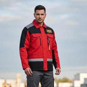 Może przedstawiać: Czerwono-czarna kurtka robocza z szarym panelem na ramionach i odblaskowymi paskami. Kurtka posiada liczne kieszenie, zapięcie na zamek błyskawiczny i małą naszywkę na piersi. Model ma na sobie szare spodnie cargo.