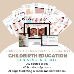 May include: A resource kit for doulas and educators, featuring educational materials on childbirth. The image includes course slides, handouts, posters, and a marketing workbook. The kit is designed to support childbirth education.