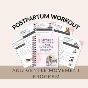 Può includere: Un taccuino rilegato a spirale e diversi fogli informativi rosa e bianchi intitolati "Postpartum Workout & Gentle Movement Program". Il testo sulla copertina recita "Ricostruire forza, fiducia e connessione dopo la nascita".