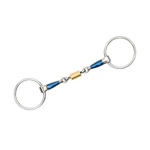 May include: A horse bit with stainless steel rings and blue detailing. The central section has a gold-coloured cylindrical component. This equestrian bit is designed for use with horses and is set against a white backdrop.