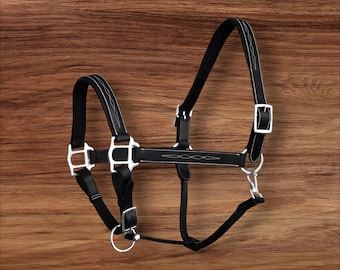 Black Padded Horse Halter: Synthetic Leather with White Stitching