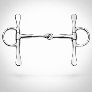 May include: A polished silver horse bit with a central joint and rounded side pieces. The bit features a symmetrical design with a smooth, reflective surface, designed for equestrian use.