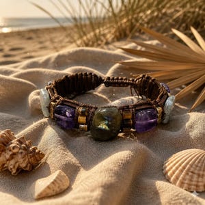May include: A brown macrame bracelet featuring a central dark green labradorite stone, flanked by purple amethyst beads, tiger eye accents, and light blue stones. The bracelet is constructed with dark brown cord and includes a sliding knot closure.