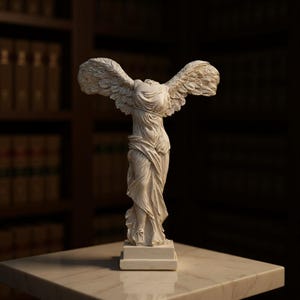 May include: A white sculpture of the Winged Victory of Samothrace, a classical Greek statue. The statue has outstretched wings and flowing drapery, standing on a rectangular base. The sculpture is on a marble surface.